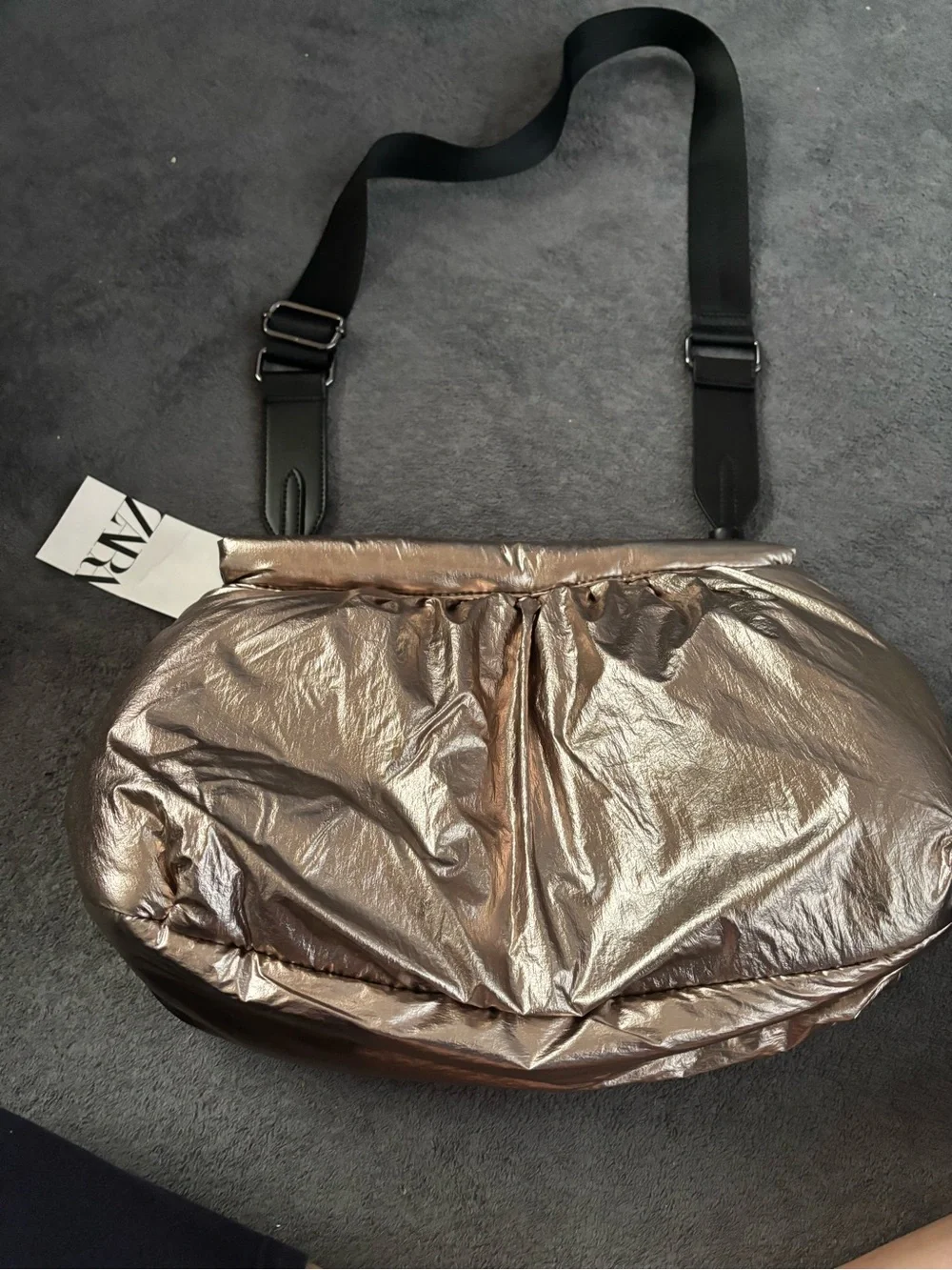 ZARA Metallic Bronze Puffy Crossbody Bag with Black Strap